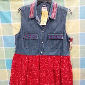 2567  Size Large Merona Upcycled Jean Vest in Red and Blue